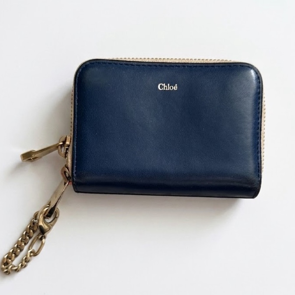 Chloé Baylee Navy Blue Leather Coin Case Card Wallet Hook Charm Authentic